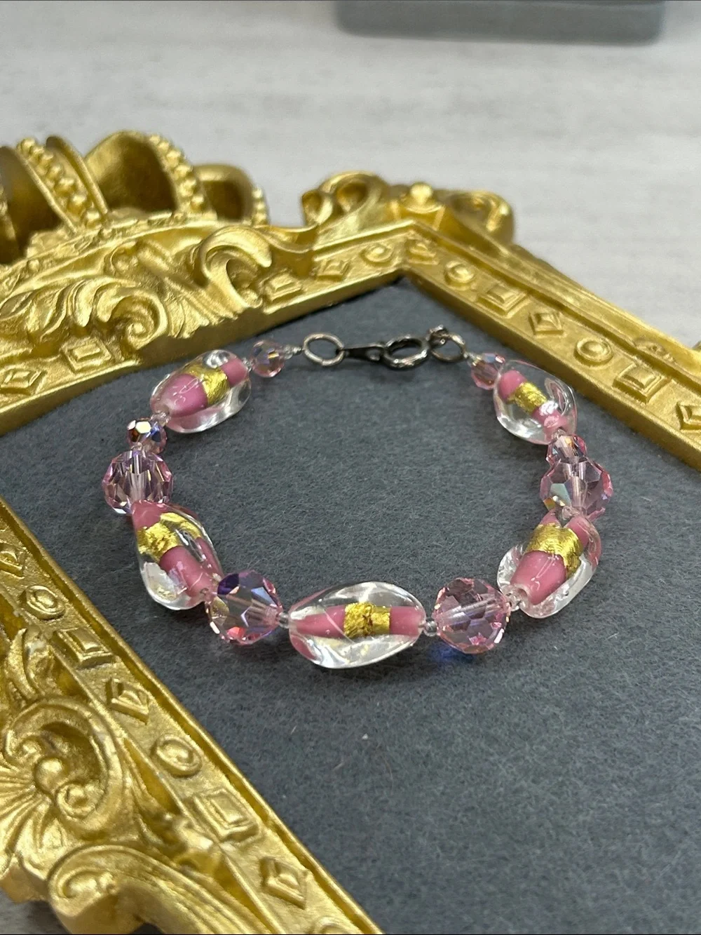 Handmade Pink Glass & Crystal Bead Bracelet with Gold Accents